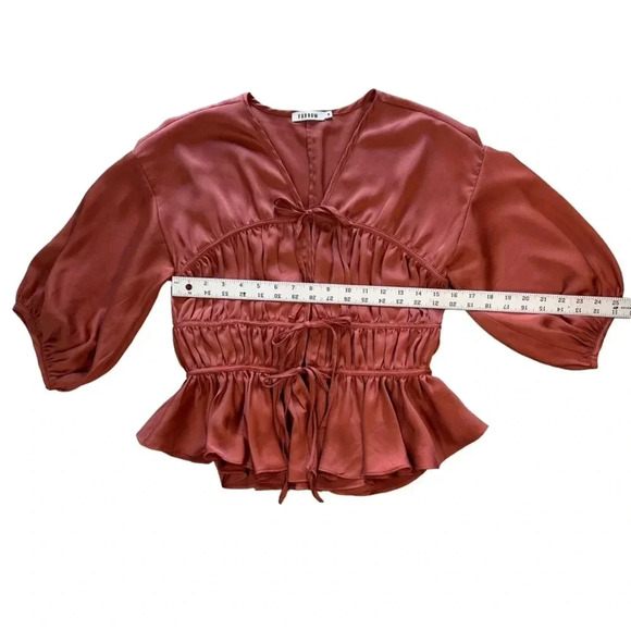 Farrow Mauve Brick Red Ruched Tie Front Boho Peasant Blouse 3/4 Sleeve Satin Top - Picture 10 of 11